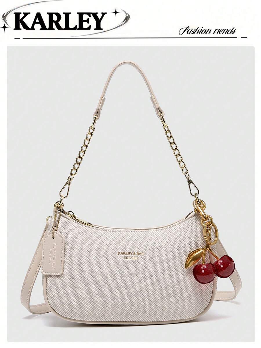 2025 New Fashion Classic Versatile Letter Graphic Design Solid Color PU Leather Crescent Shoulder/Underarm Bag, Y2K Shoulder/Underarm Bag, Suitable For Shopping, Can Be Worn Crossbody - White - View 1