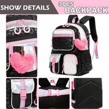 Aesthetic Cute Backpack For Elementary To Teen Girls - 8-10 Years Old Kids Bookbag - 3件套黑色愛心 - 查看 5