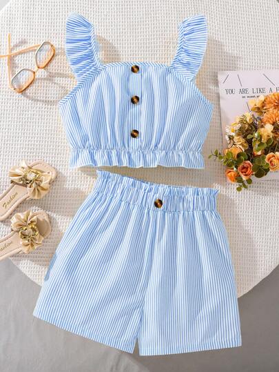 Left Mama Set de 2 piezas de top de tirantes a rayas dulce y lindo, y shorts con volantes para niñas preadolescentes, para verano