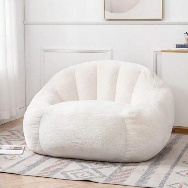 Bean Bag Chair For Adults,Shell-Shaped Bean Bag Couch With Filler,Large Bean Bag Chair With High-Density Foam,Faux Fur Bean Bag For Gaming,Beige