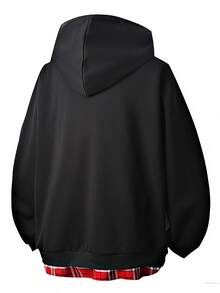 Felpa con cappuccio nera oversize, casual a quadri 2 in 1, adatta per primavera e autunno