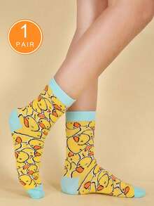 1双黄色水手袜，鸭子图案，休闲中筒袜，适合运动、休闲外出、返校季以及作为圣诞礼物。 - 彩色 - 查看 12