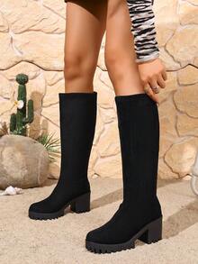 Plus Size Women's Knee-High Boots, Suede Material, Slim Fit, Suitable For Autumn/Winter, New Black Thick Heel Round Toe Knee-High Riding Boots,Party - Black - View 7