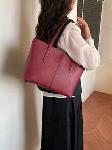 中号手提包和单肩包，女士 PU 皮革钱包，顶部提手（32 * 25 * 14 厘米）（中号） - 酒紅色 - 查看 4
