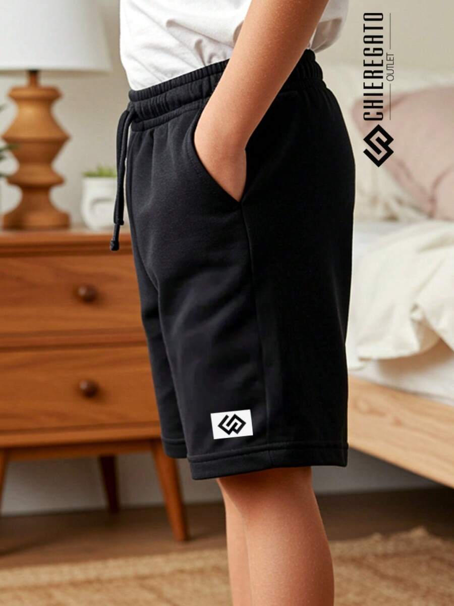 Children's Bermuda Shorts, Sweatshirt, Youth Day-To-Day Shorts For Children, Boys, Printed, Drawstring With Elastic - 黑色 - 查看 1