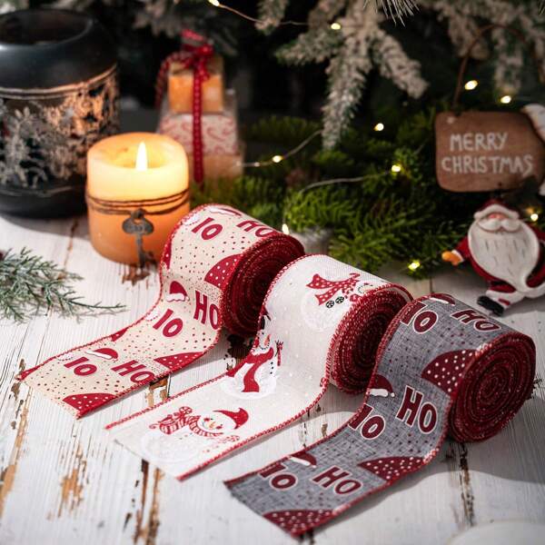 Linen, Grey And White Printed Decorative Ribbon For Christmas Tree Decorations, Gift Wrapping, Wedding Parties, Garlands And DIY Crafts Christmas Ribbon,Christmas Decorations,Christmas Party Decorations,Room Decorations