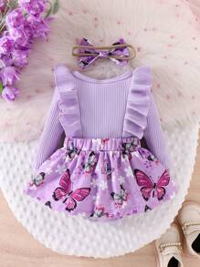 Baby Girl 2pcs Set Sweet Butterfly & Flower Print Ruffle Hem Long Sleeve Bodysuit Dress With Bow Hair Tie - Purple - View 2