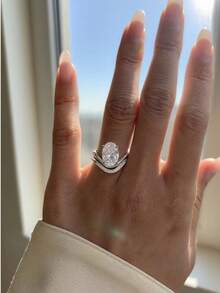 2 件 S925 纯银椭圆形锆石戒指套装，奢华周年纪念、圣诞节礼物 - 銀色 - 查看 1