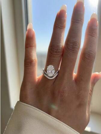 2pcs S925 Sterling Silver Oval Zirconia Ring Set, Luxurious Gift For Anniversary, Christmas