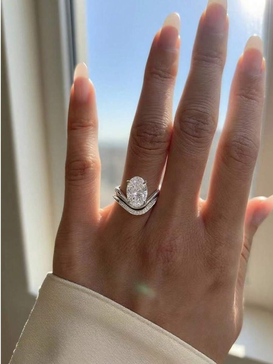 2 件 S925 纯银椭圆形锆石戒指套装，奢华周年纪念、圣诞节礼物 - 銀色 - 查看 1