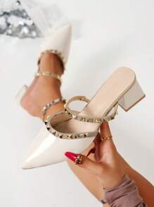 女士尖头铆钉装饰白色粗跟凉鞋，2025年新款时尚派对风格高跟鞋，适合通勤，职业女性办公室着装，黑色高跟鞋搭配连衣裙，穆勒高跟鞋 - 白色 - 查看 2