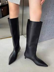 秋冬季法式博主风尖头过膝长靴，北欧风猫跟马术靴（女士款），猫跟鞋 - 黑色 - 查看 5