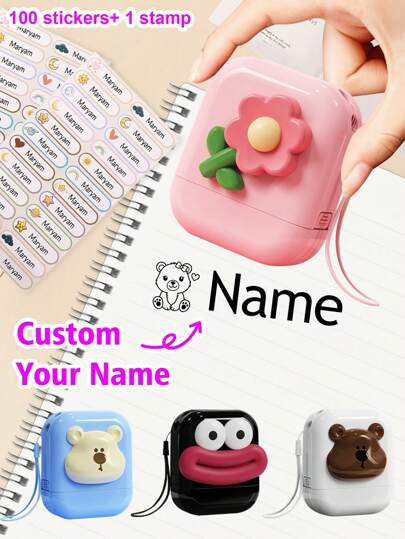 1 pieza Sello + 100 piezas Pegatinas, Sello de nombre personalizado, Sello de nombre de ropa impermeable para niños, Sello de firma de dibujos animados personalizado, Sello personalizable para niños, Regalo de papelería para estudiantes, Regalo de cumpleaños, Regalo del Día del Maestro, Lindo, Útiles escolares, Niños, Niñas, Hijo, Multifuncional, Decorativo, Alfabeto, Moda, Moderno, Colorido, Adorable, Casual