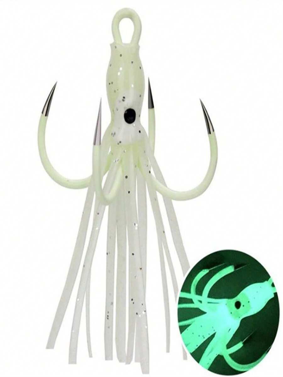 2pcs Glow-In-The-Dark Silicone Octopus Soft Bait With 16#/18# Four-Prong Hooks, Fishing Accessories For Sea Fishing And Lure Fishing