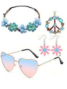 5pcs/Set Hippie Style Accessories Set: Peace Sign Necklace, Daisy Earrings, Flower Headband, Sunglasses, 60s Fashion Halloween - Blue - View 11