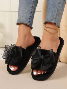 Spring/Summer Women's Elegant Girly Style Solid Color Bow Plush Open Toe Indoor House Slippers Soft Comfortable Soft Sole Lightweight - Black - View 4