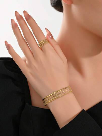 2pcs/1Set 18K Gold Plated Gorgeous Style Stainless Steel Bracelet Ring Ladies Jewelry Wedding Party Dating Gift
