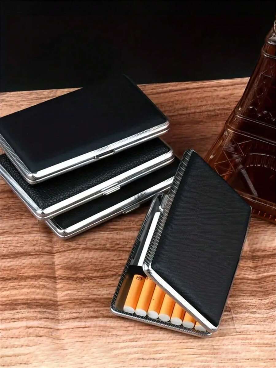 1 Peça Estojo de Cigarro Metálico e de Couro Fino e Longo com Capacidade para 20 Cigarros, Espessura de 5,5 mm, Design de Flip-Top Moderno