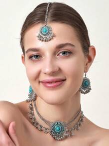2024 New 4pcs/Set Exquisite Bohemian Style Women's Jewelry Set Including 1pc Silver Zinc Alloy Material Layered Chain Necklace With Faux Pearl Design, 1 Pair  Style Inlaid Red/White/Green Glass Rhinestone Earrings, 1pc Bollywood Style Head Chain. Suitable For Women's Daily Wear Or As Gift For Christmas And Other Occasions.
