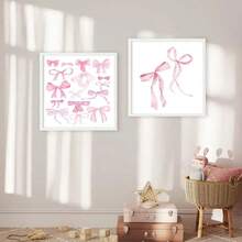 3 Pieces Pink Bow Canvas Poster Print, Aesthetic Nordic Wall Art, Girl's Bedroom Decor, Apartment And Nursery Wall Decor, Birthday Gift Unframed - 白色 - 查看 2
