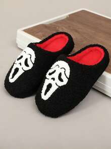 1双万圣节男士卡通骷髅柔软防滑厚底舒适保暖趣味情侣拖鞋 - 黑色 - 查看 2