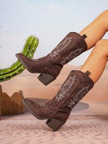 1 Pair Chunky Heel Western Boots For Teens, Fashion European American Style Mid-Calf Slip-On Boots For Plus Size, Casual Daily Wear & Holiday, Autumn/Winter - Coffee Brown - View 3