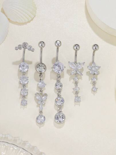 5pcs Stainless Steel Curved Barbell Navel Rings Set, Fashionable Classic Charm Women's Butterfly Heart Zirconia Inlaid Pendant Belly Button Piercing Jewelry, Suitable For Daily Wear And Holiday Gifts