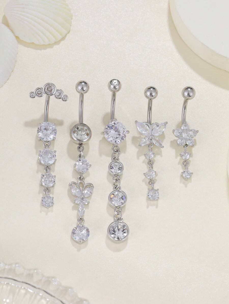 5pcs Stainless Steel Curved Barbell Navel Rings Set, Fashionable Classic Charm Women's Butterfly Heart Zirconia Inlaid Pendant Belly Button Piercing Jewelry, Suitable For Daily Wear And Holiday Gifts - Butterfly Heart Shaped Five-pointed Star - View 1