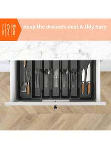 Vandise Cutlery Drawer Organiser, Expandable 6-8 Compartment Cutlery Tray For Kitchen Drawer, Adjustable Utensils And Silverware Holder, Plastic Flatware Spoons Forks Knives Holder Storage Insert, Black Cutlery Tray Plastic Drawer Organiser Expandable From 33 X 38cm To 57 X 38cm, 5cm Depth, Waterproof Utensil And Silverware Holder 6 To 8 Separate Slots For Kitchen, Bedroom, OfficeUtensil Drawer Organiser 6-8 Compartment Expandable Large Cutlery Tray For Kitchen, Adjustable Silverware Flatware Holder, Plastic Kitchen Spatula Tools And Gadgets Storage Divider, Black - Black - View 8