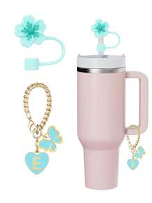 2pcs Accessories Designed For 30-40oz Cups: 1pc Blue Cup Letter Marker & 1pc Reusable Silicone Camellia Straw Topper, 10mm Big Diameter Straw Lid, Cute Letter Decor Fit For Modern Simple Glass Cups - Blue - View 22
