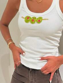 Y2k Graphic Tank Tops Women Cute Ocean Starfish Beaded Embroidered Top Summer Sleeveless Cherry Beach Crop Top - 橄欖綠 - 查看 2