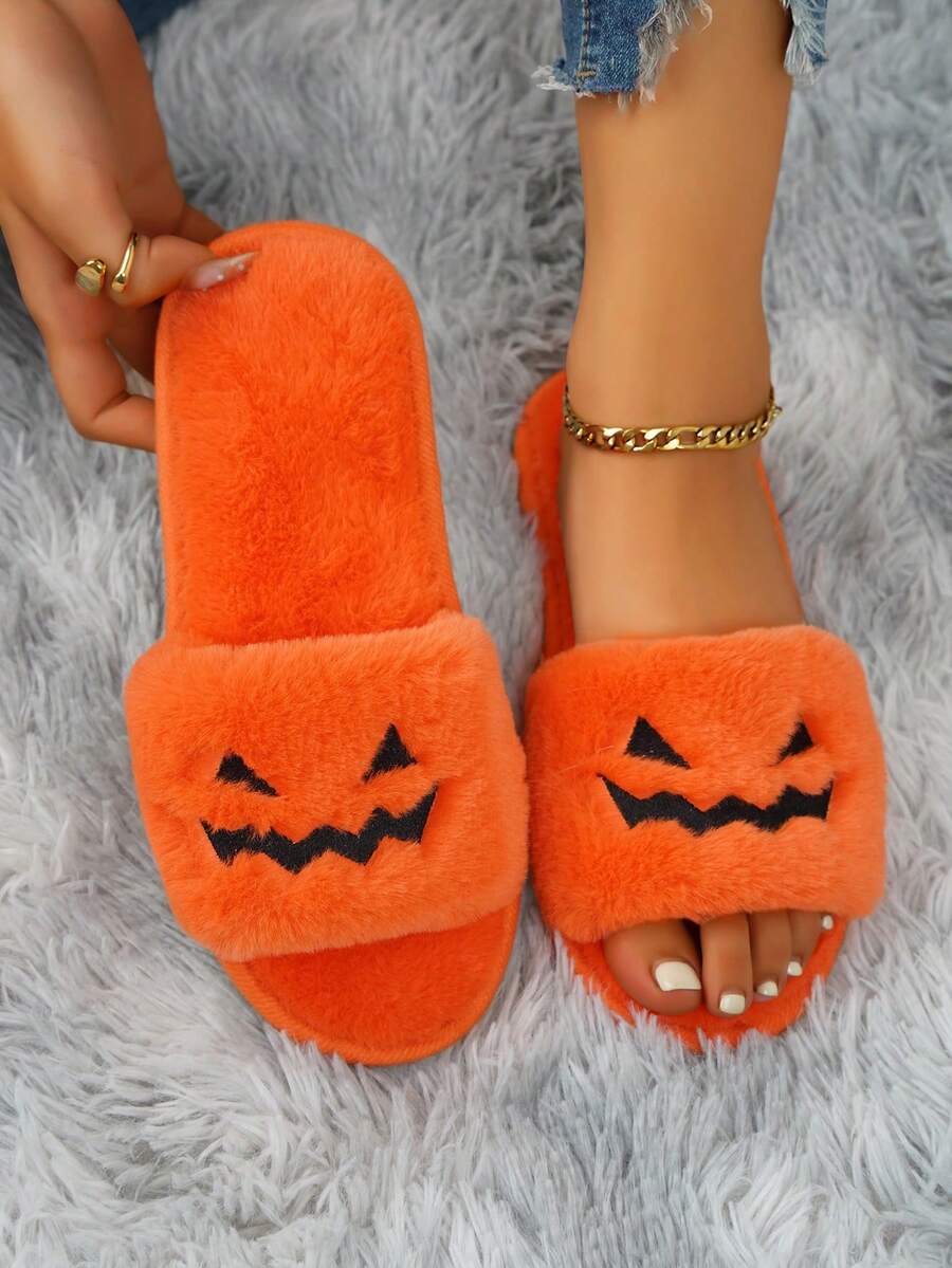 Fall/Winter Classic Holiday Women's House Slippers, Fashionable Embroidered Round Toe Comfortable Non-Slip Flat Indoor Bedroom Home Slippers, Halloween Devil Embroidered Holiday Gift
