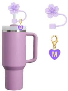 2pcs/Set Heart & Letter Hawthorn Flower Straw Topper, Silicone Hawthorn Flower Reusable Straw Topper For Large 10mm Straws, Cute Letter Accessory Suitable For Modern Minimalist Glass Cups, Mother's Day Gift - Purple - View 9