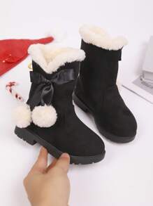 A Pair Of Stylish And Cute Children's Snow Boots With Bow Decorations, Suitable For Outings, Trips, Vacations, And Back-To-School Outfits (Suitable For Both Boys And Girls)."Back-To-School Season Kids' Snow Boots""Kids' Snow Boots For Vacation Outfits""2025 New Children's Snow Boots"" Winter And Autumn Warm Kids' Snow Boots""Stylish And Cute Snow Boots"