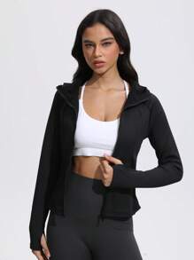 女士秋冬瑜伽外套，运动跑步骑行外套，保暖长袖健身拇指孔外套，拉链上衣，抓绒 - 黑色 - 查看 8