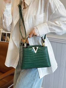 Luxury Women's Handbag Brand Bag, Crocodile Embossed High-Quality Stone Pattern Tote Bag, 2025 New Arrival, Niche Fashion Versatile Shoulder Bag, Large Capacity, Fashionable Handbag, New Arrival Large Bag, INS Influencer Matching Item, Retro Casual Streetwear Niche Tote Bag, Letter Simple Design Celebrity Same Style Glossy High-End Feeling Crossbody Bag, Summer Crossbody Tote Bag, 2025 New Arrival, Women's Elegant Bag, Large Capacity Mother Bag, Fashionable Textured Personalized Women Bag, Pillow Bag - Green - View 3