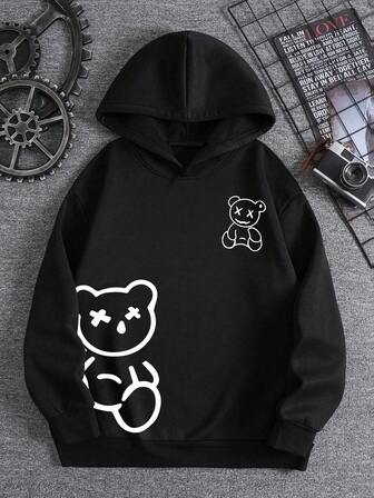 Sudadera con capucha negra versátil y de moda con estampado de oso para jóvenes en otoño e invierno, de forro polar con capucha, regalo para adolescentes