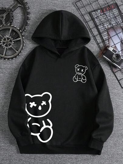 Sudadera con capucha cálida y versátil con estampado de oso para jóvenes en otoño e invierno