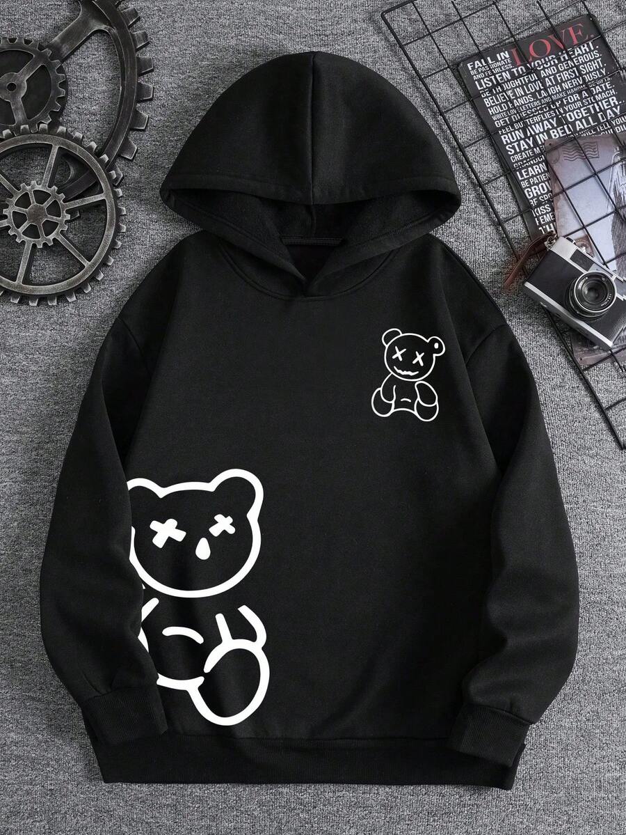 Youth Autumn & Winter Black Fashionable Versatile Bear Print Warm Sweatshirt, Fleece, Hooded, Teen Boys Gifts