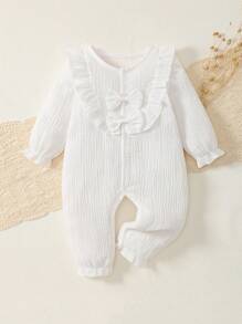 MommBaby Baby Girls' Romper With Bow, Ruffle Trim, Button Front, Long Sleeve, Simple Casual Christening Outfit