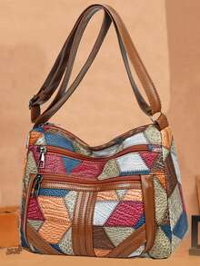 新款女士休闲单肩包 PU 皮革拼接斜挎包，时尚简约 - 彩色 - 查看 1