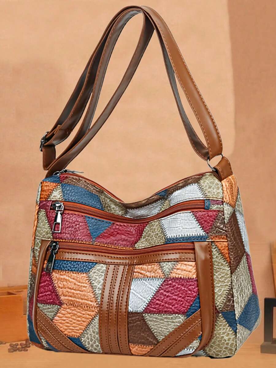 新款女士休闲单肩包 PU 皮革拼接斜挎包，时尚简约 - 彩色 - 查看 1