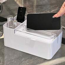 1 pieza Caja de almacenamiento multifuncional de estilo crema para el escritorio, caja de pañuelos con tapa abatible a prueba de polvo con compartimento organizador para control remoto, mantiene el escritorio ordenado, adecuado para el comedor, la cocina, el tocador del dormitorio y la decoración del hogar