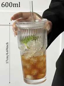 1pc 400ml/600ml Korean Style Round Glass Water Cup, Minimalist & Beautiful With Lid, Transparent Flat Bottom Heated Cup, Home & Coffee Use