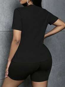 Conjunto de camiseta casual de verano de manga corta holgada para mujeres con shorts, impresión new york cuello redondo  Letras    Sencillo  Casual    Tela    Deportivo  Casa  Diario - Negro - Ver 2