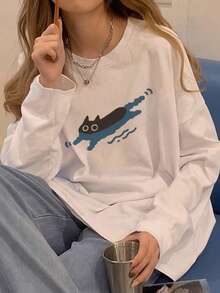 女士宽松猫咪印花长袖棉质T恤，百搭春秋两季 - 白色 - 查看 2