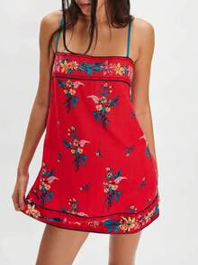 Women's Floral Boho Flowy Mini Cami Dress Low-Cut Square Neck Tube Dress Spaghetti Strap Bodycorn Vacation Tank Dress Y2k Sun Dresses Sleeveless Backless Mini Dress - Đỏ - Xem 1