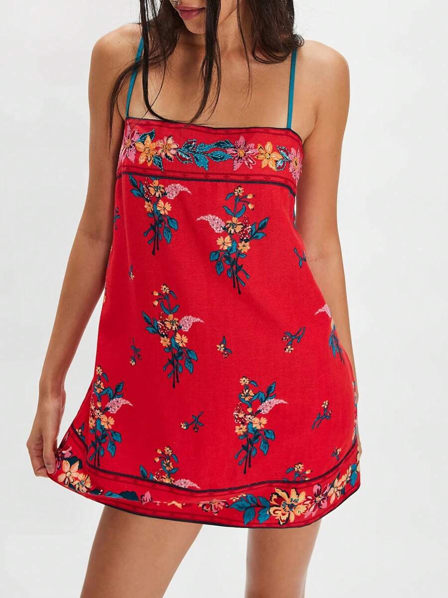 Women's Floral Boho Flowy Mini Cami Dress Low-Cut Square Neck Tube Dress Spaghetti Strap Bodycorn Vacation Tank Dress Y2k Sun Dresses Sleeveless Backless Mini Dress - Đỏ - Xem 1