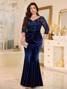 大码优雅甜心领亮片花卉蕾丝拼接立体花卉撞色天鹅绒褶皱美人鱼裙摆正式晚宴礼服，适合婚礼宾客、生日、毕业典礼、晚宴等场合。 - 藏蓝色 - 查看 7