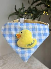 1pc 3D Little Yellow Duck & Blue/White Plaid Pet Bandana, Suitable For Small Dogs And Cats - Multicolor - View 6